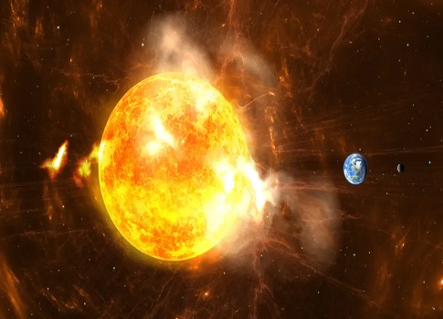  عاصفة شمسية و العاصفة الكهرومغناطسية تحدث نتيجة نشاط الشمس من بقع شمسية وانفجارات شمسية
